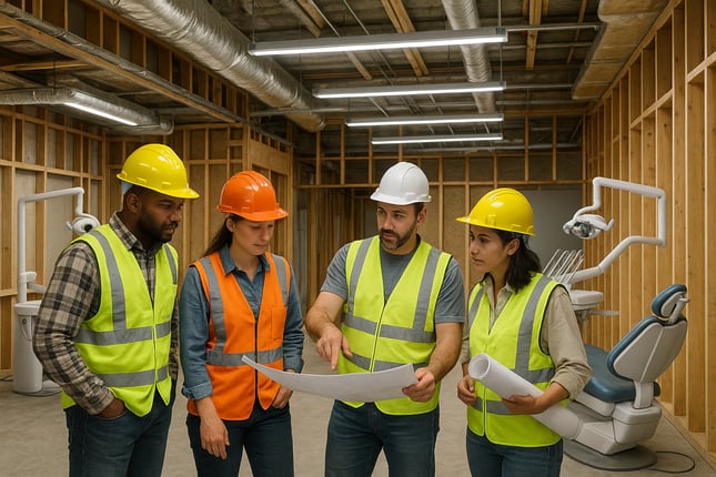 Dental clinic under construction with visible costsaving features such as energyefficient lighting streamlined construction workflow and diverse construction team discussing plans Dental chairs and equipment in the background